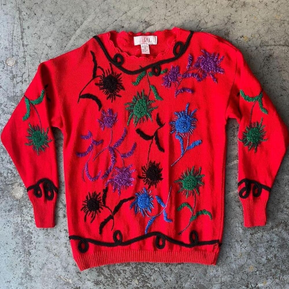 Lizi Ruch Vintage 90s Red 3D Floral Embroidered Knit Sweater Maximallist Medium